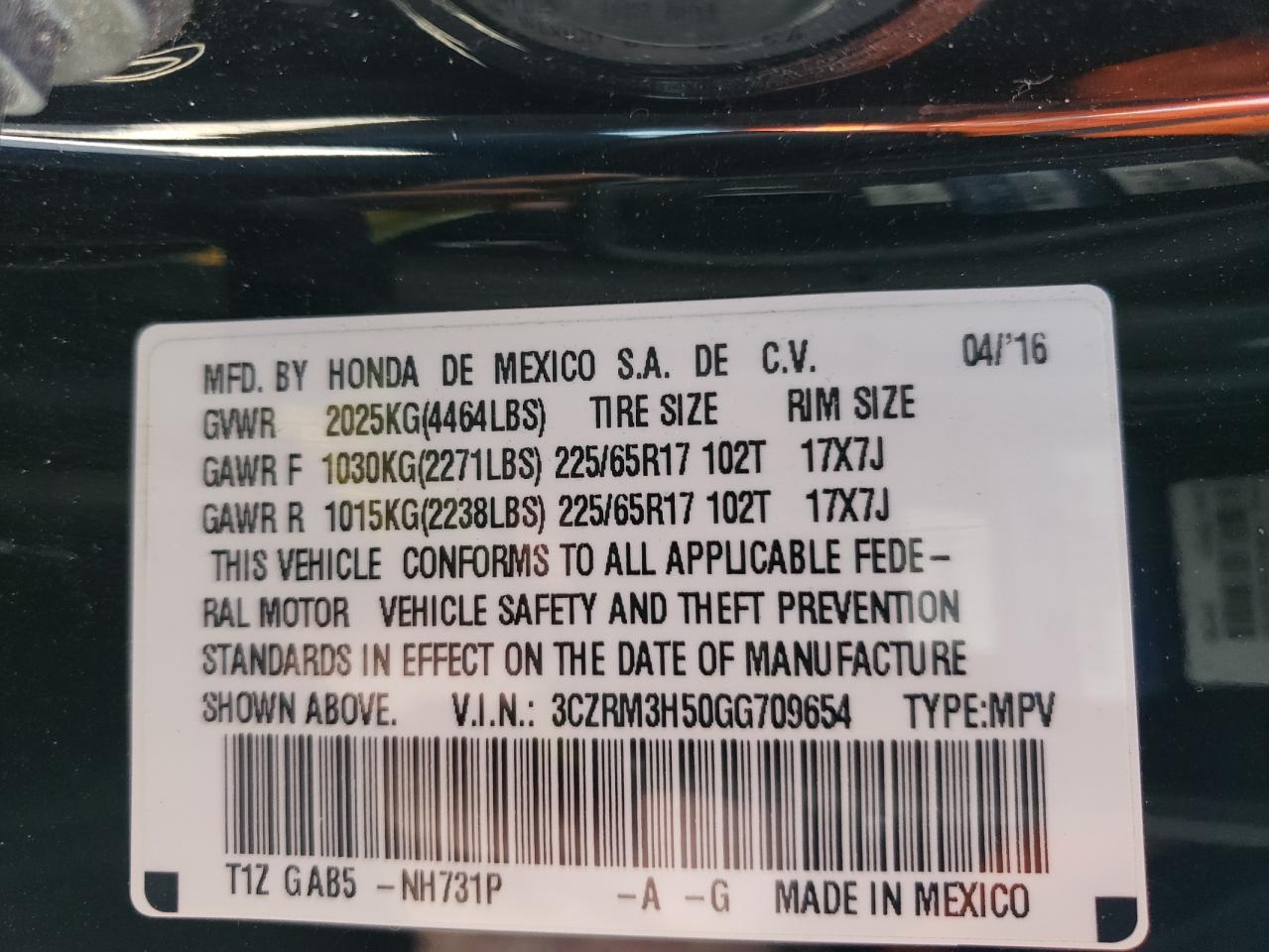Photo 10 from auction – 2016 HONDA CR-V EX with VIN 3CZRM3H50GG709654