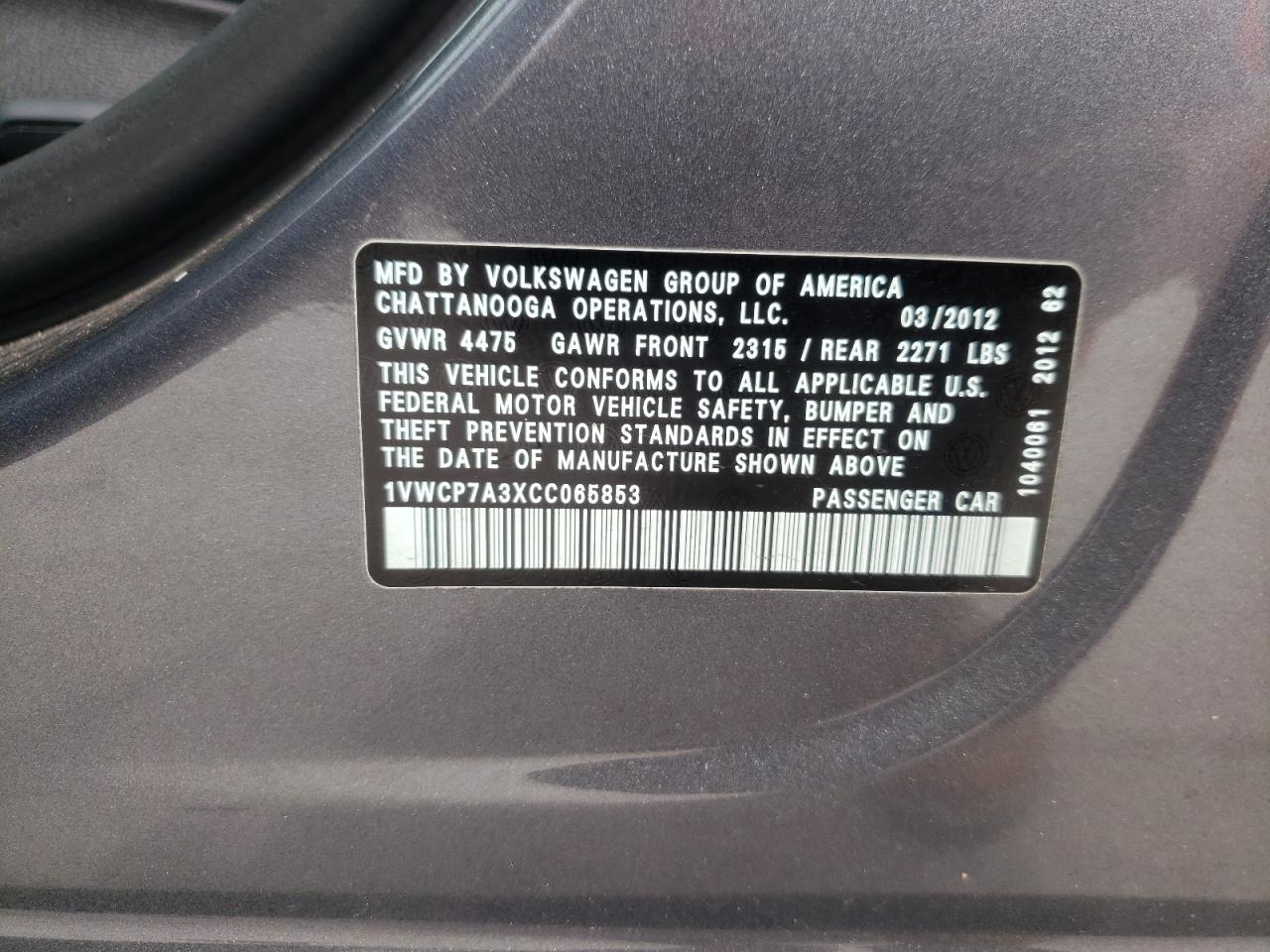 Photo 10 from auction – 2012 VOLKSWAGEN PASSAT SEL with VIN 1VWCP7A3XCC065853
