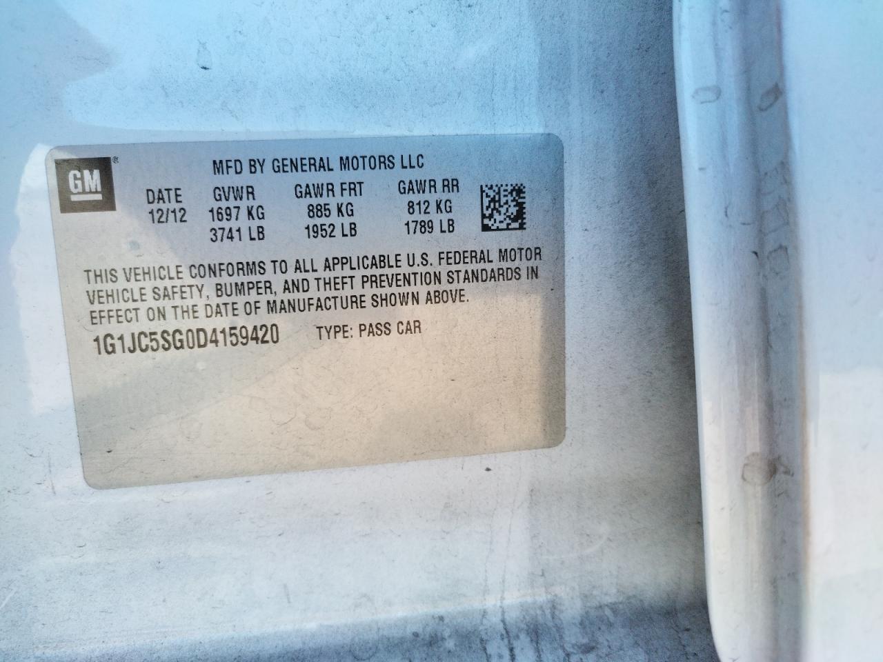 Photo 10 from auction – 2013 CHEVROLET SONIC LT with VIN 1G1JC5SG0D4159420