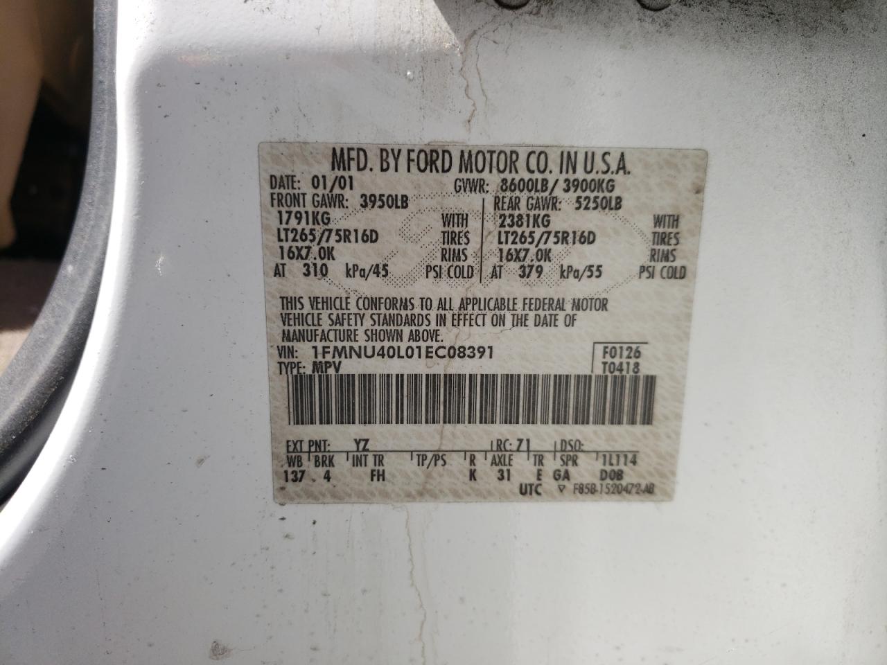 Photo 10 from auction – 2001 FORD EXCURSION with VIN 1FMNU40L01EC08391