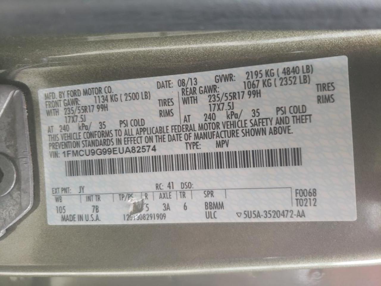 Photo 10 from auction – 2014 FORD ESCAPE SE with VIN 1FMCU9G99EUA82574