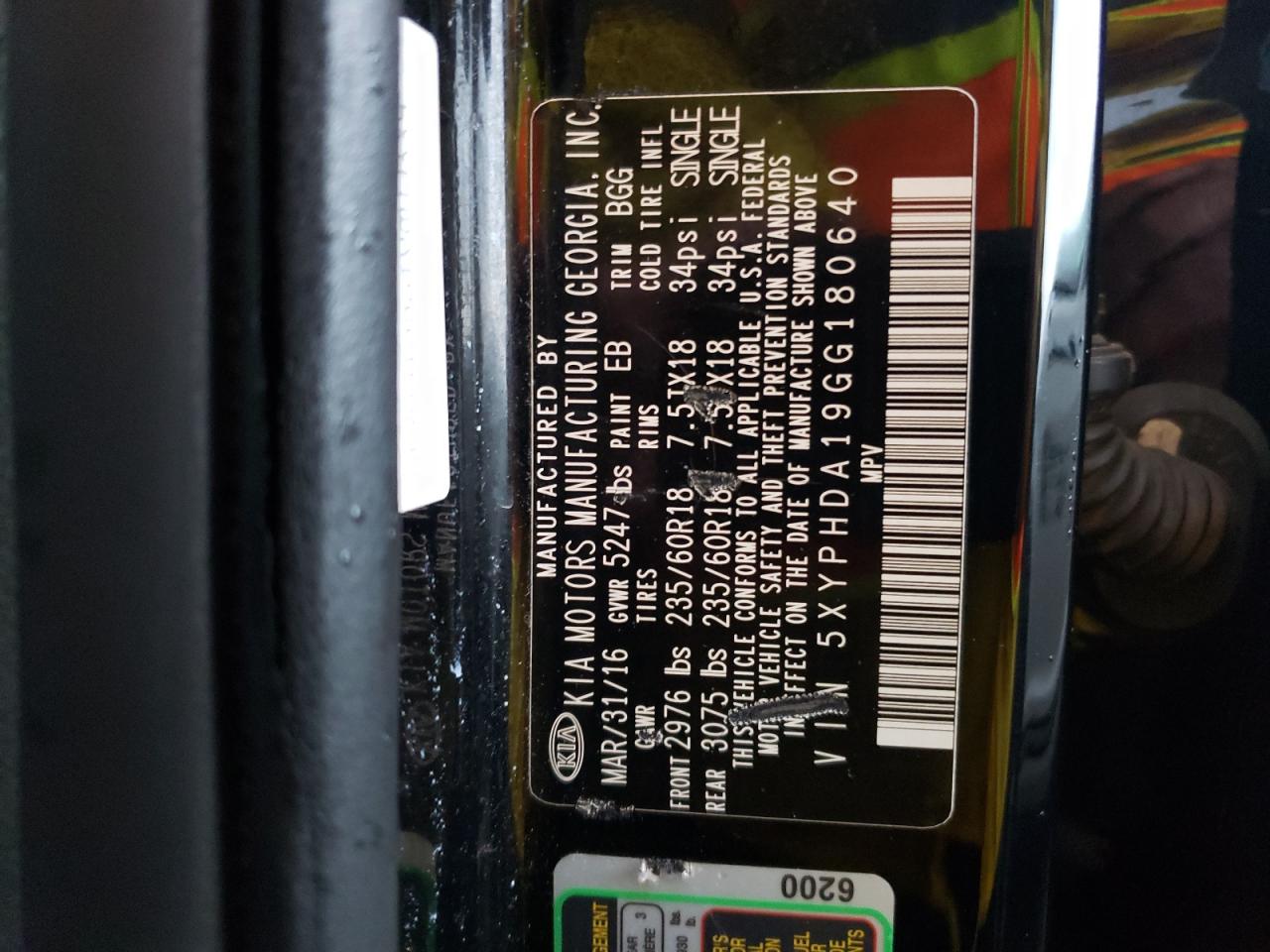 Photo 10 from auction – 2016 KIA SORENTO EX with VIN 5XYPHDA19GG180640