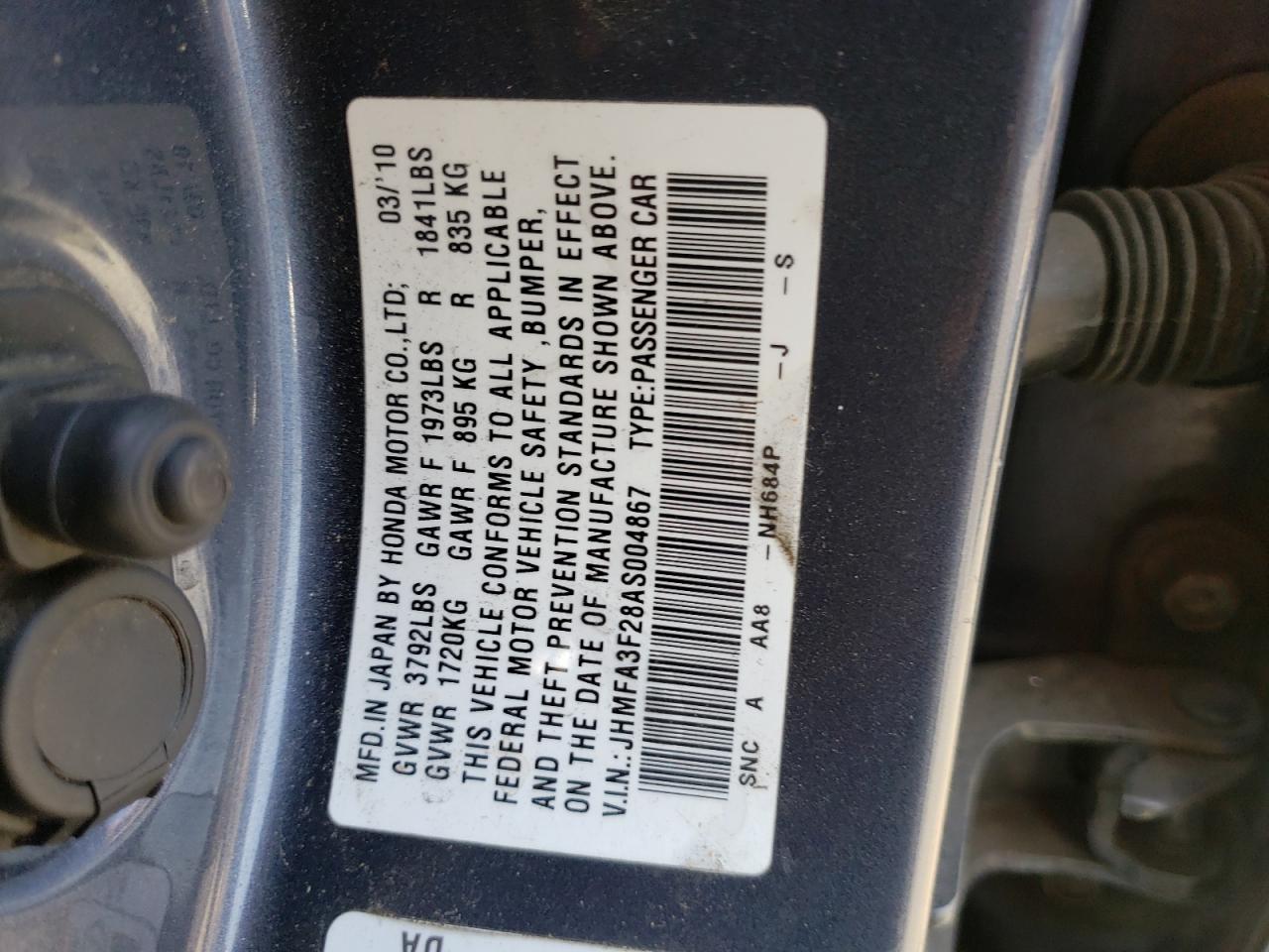 Photo 10 from auction – 2010 HONDA CIVIC HYBR with VIN JHMFA3F28AS004867