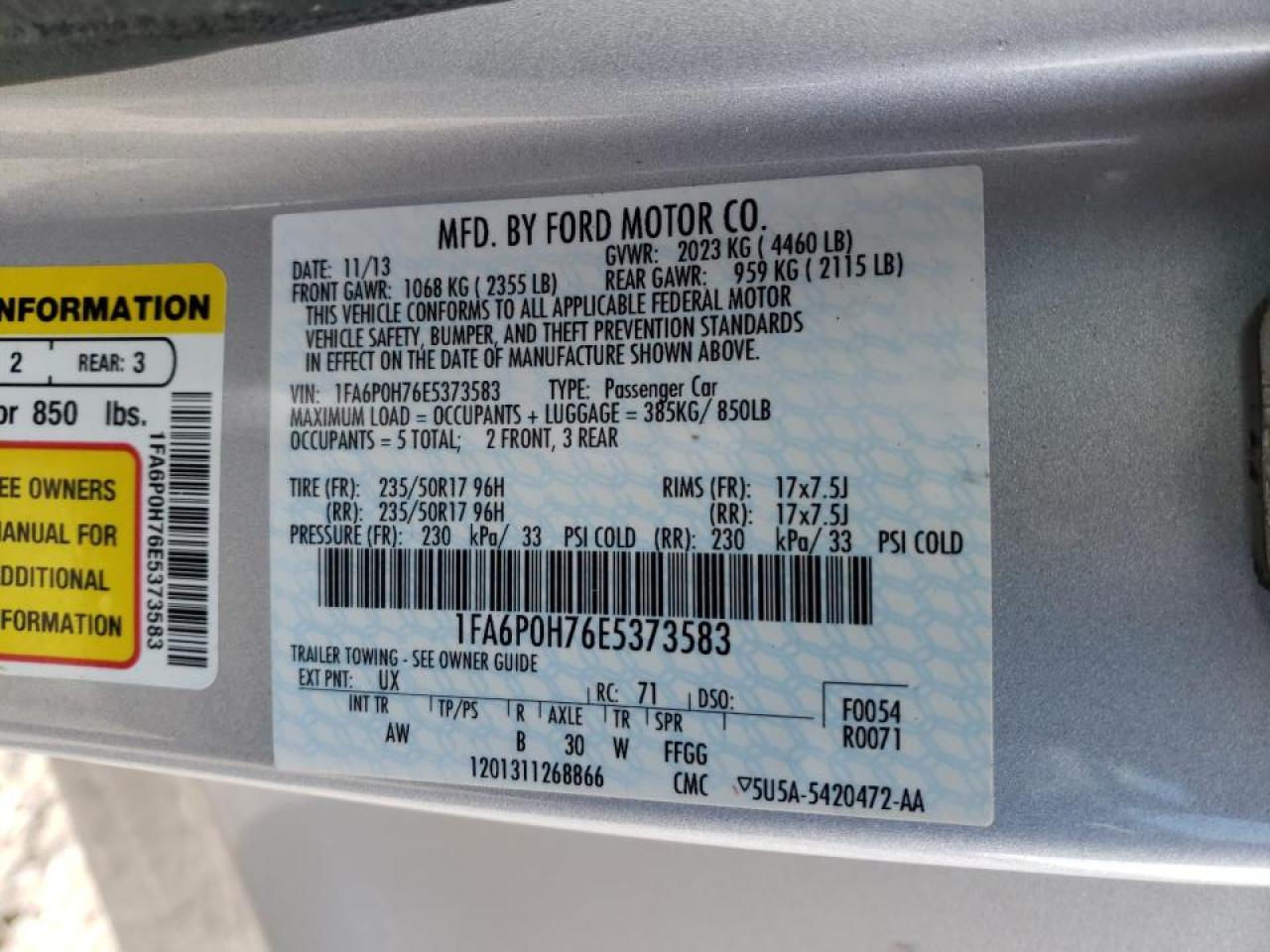 Photo 10 from auction – 2014 FORD FUSION SE with VIN 1FA6P0H76E5373583