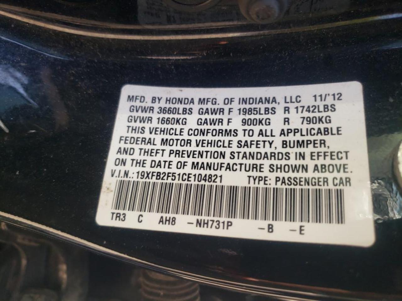 Photo 10 from auction – 2012 HONDA CIVIC LX with VIN 19XFB2F51CE104821