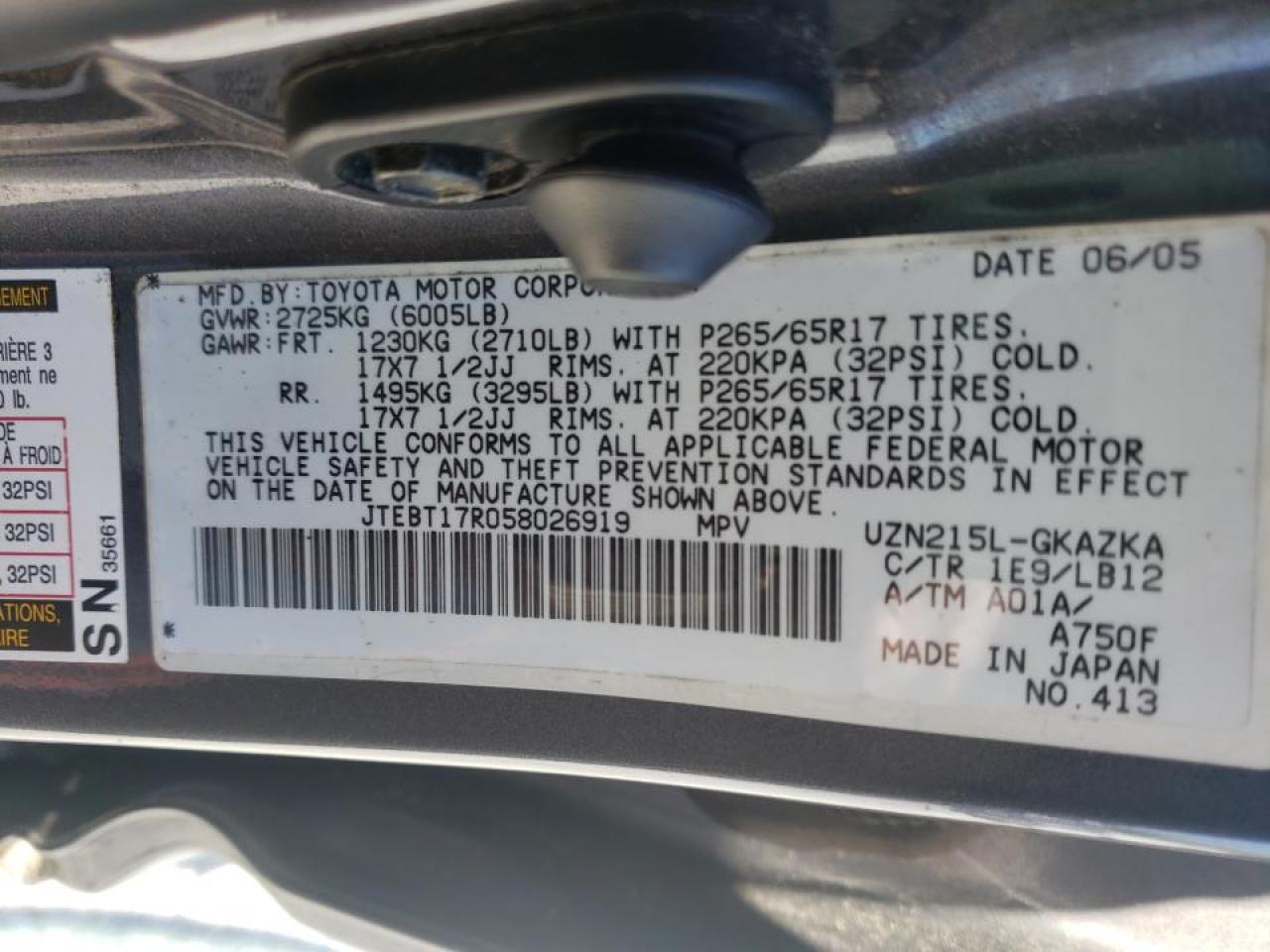 Photo 10 from auction – 2005 TOYOTA 4RUNNER LI with VIN JTEBT17R058026919