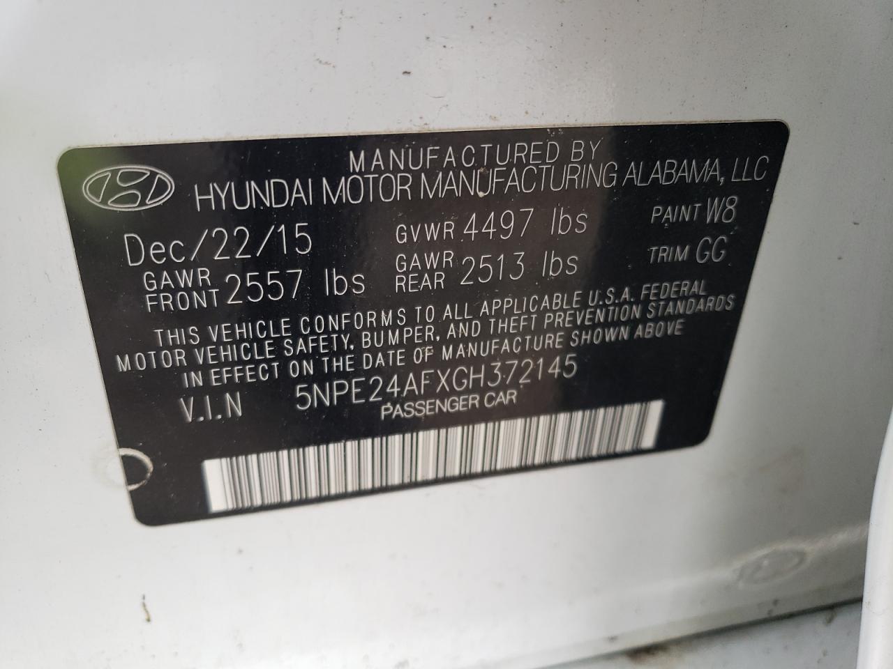 Photo 10 from auction – 2016 HYUNDAI SONATA SE with VIN 5NPE24AFXGH372145