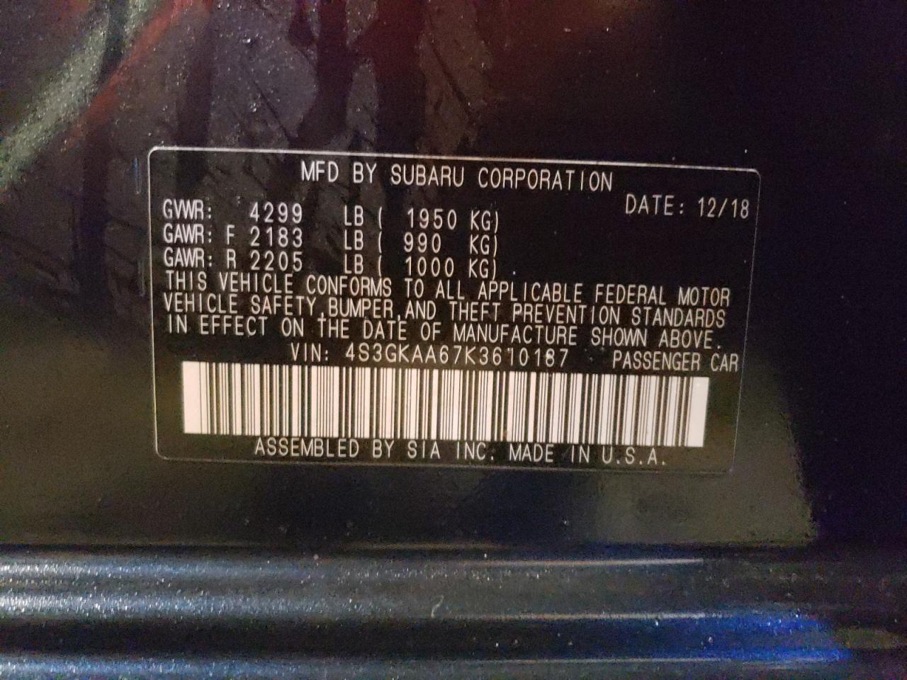 Photo 10 from auction – 2019 SUBARU IMPREZA with VIN 4S3GKAA67K3610187