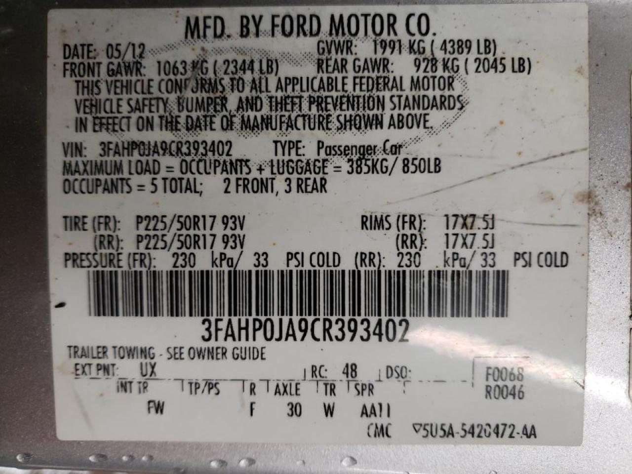 Photo 10 from auction – 2012 FORD FUSION SEL with VIN 3FAHP0JA9CR393402