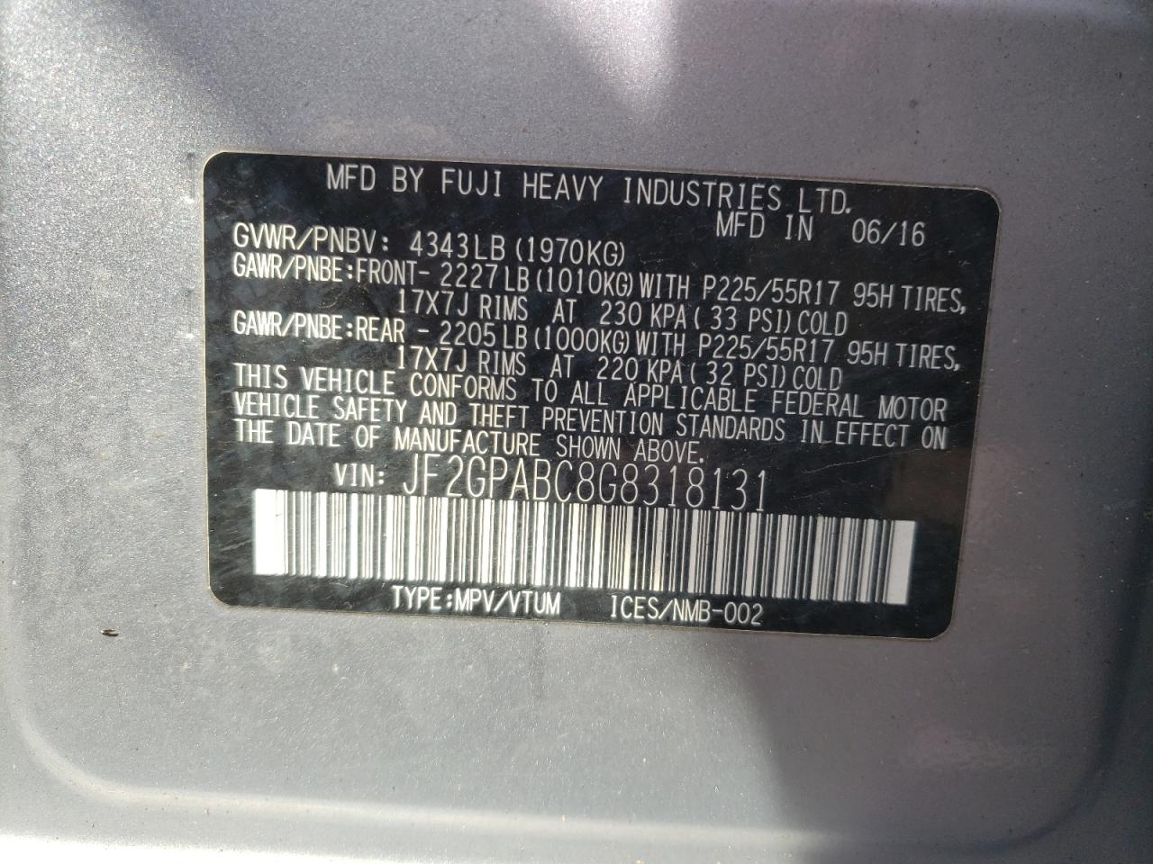 Photo 10 from auction – 2016 SUBARU CROSSTREK with VIN JF2GPABC8G8318131