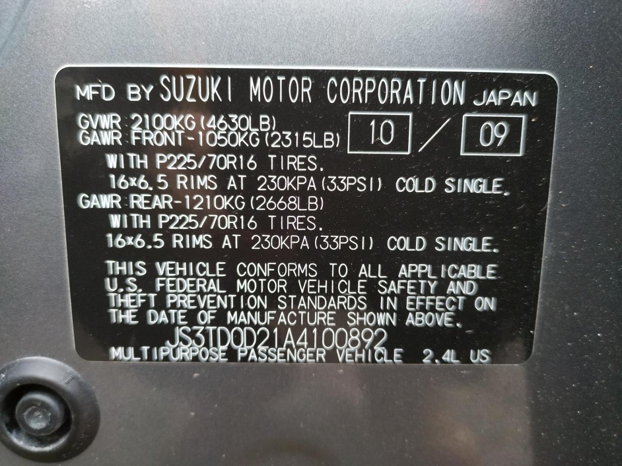 Photo 10 from auction – 2010 SUZUKI GRAND VITA with VIN JS3TD0D21A4100892