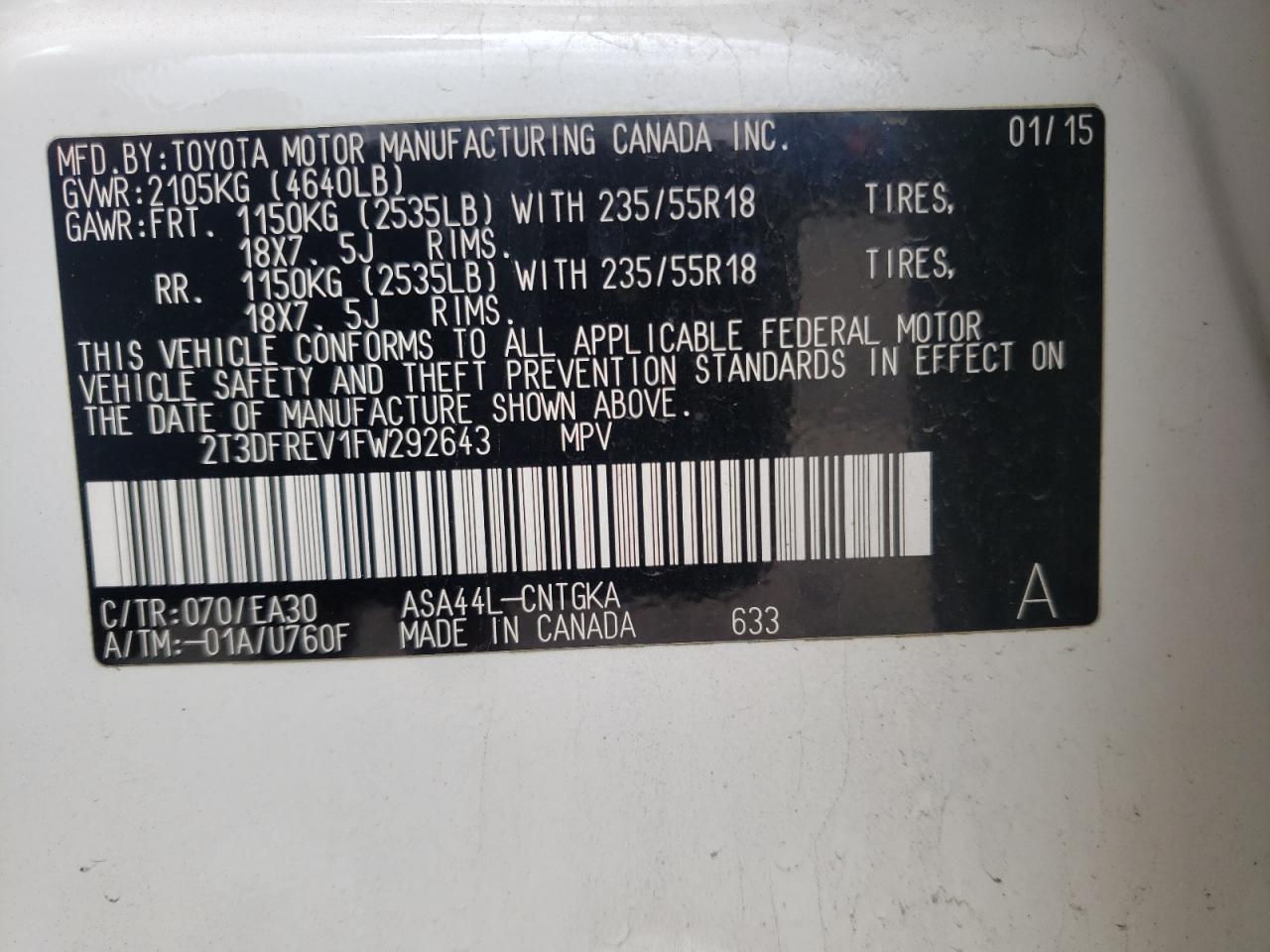 Photo 10 from auction – 2015 TOYOTA RAV4 LIMIT with VIN 2T3DFREV1FW292643