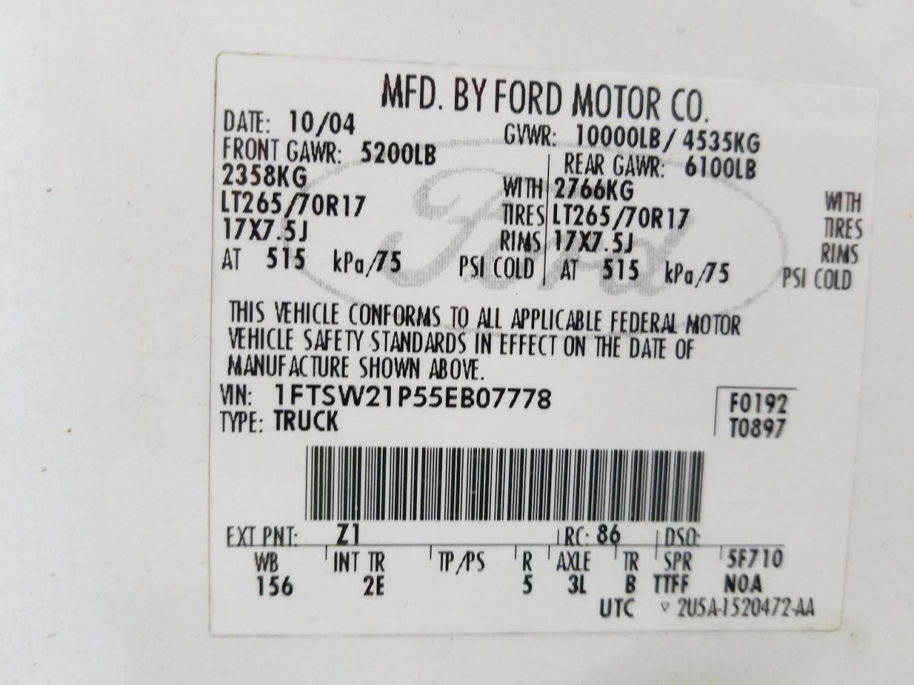 Photo 10 from auction – 2005 FORD F250 SUPER with VIN 1FTSW21P55EB07778