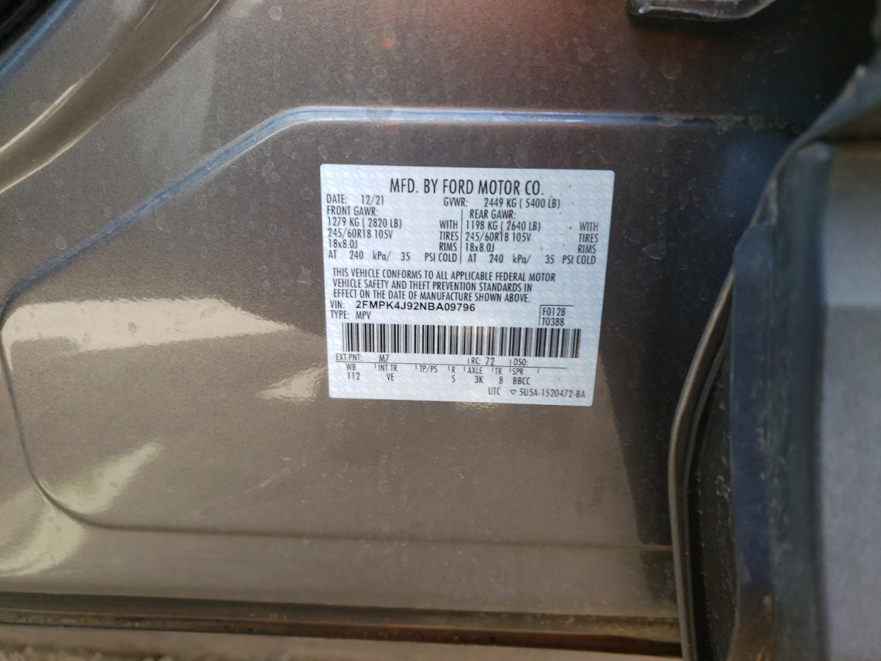Photo 10 from auction – 2022 FORD EDGE SEL with VIN 2FMPK4J92NBA09796