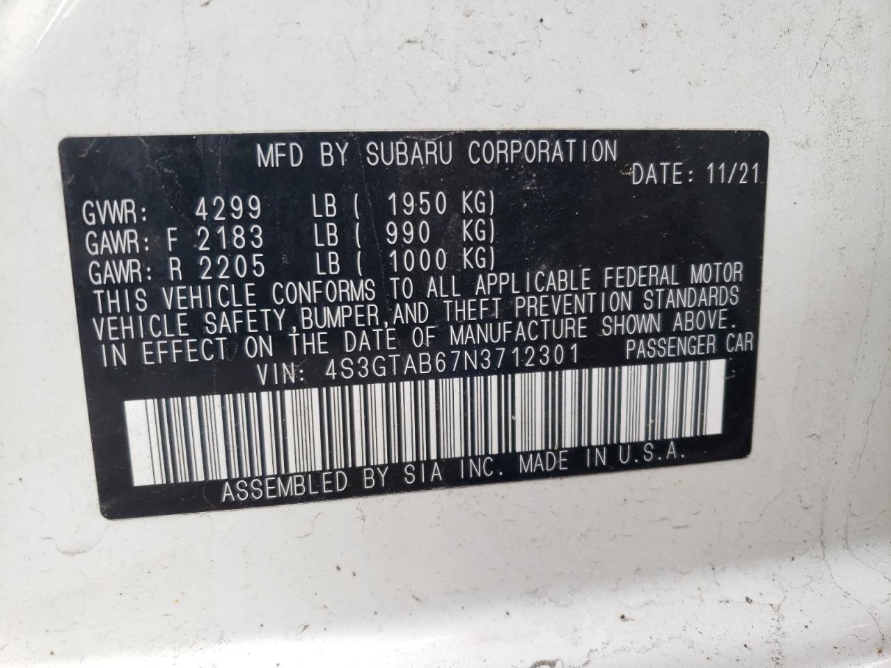 Photo 10 from auction – 2022 SUBARU IMPREZA with VIN 4S3GTAB67N3712301