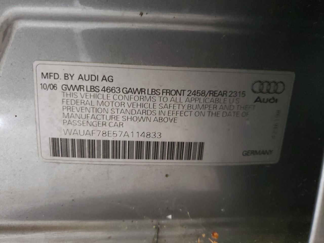 Photo 10 from auction – 2007 AUDI A4 2 with VIN WAUAF78E57A114833