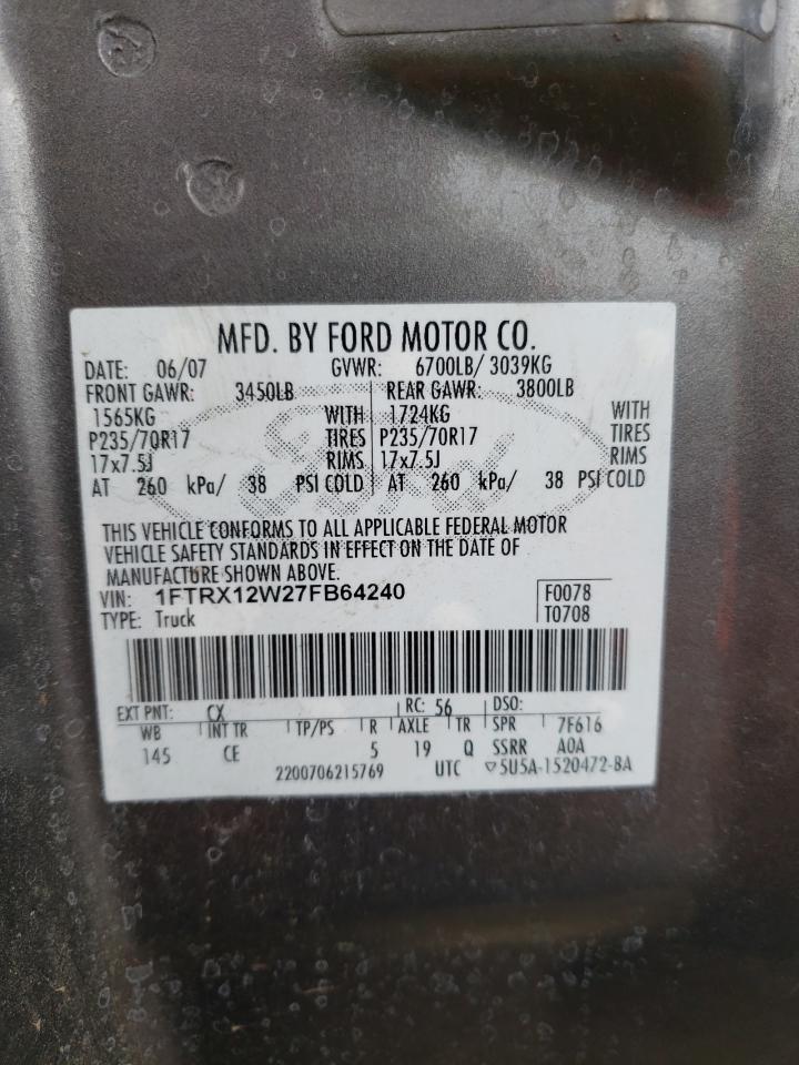 Photo 10 from auction – 2007 FORD F150 with VIN 1FTRX12W27FB64240