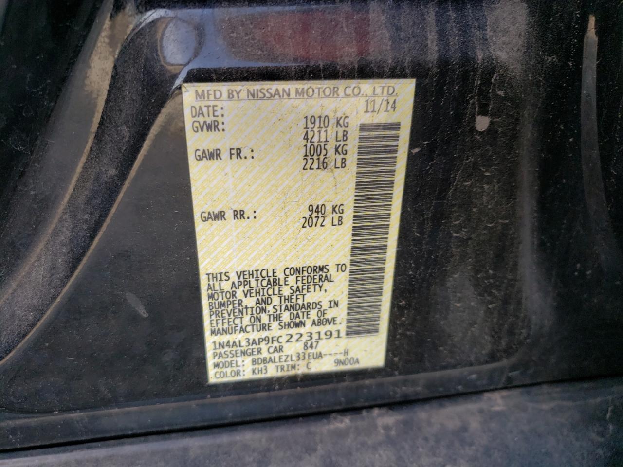Photo 10 from auction – 2015 NISSAN ALTIMA 2.5 with VIN 1N4AL3AP9FC223191