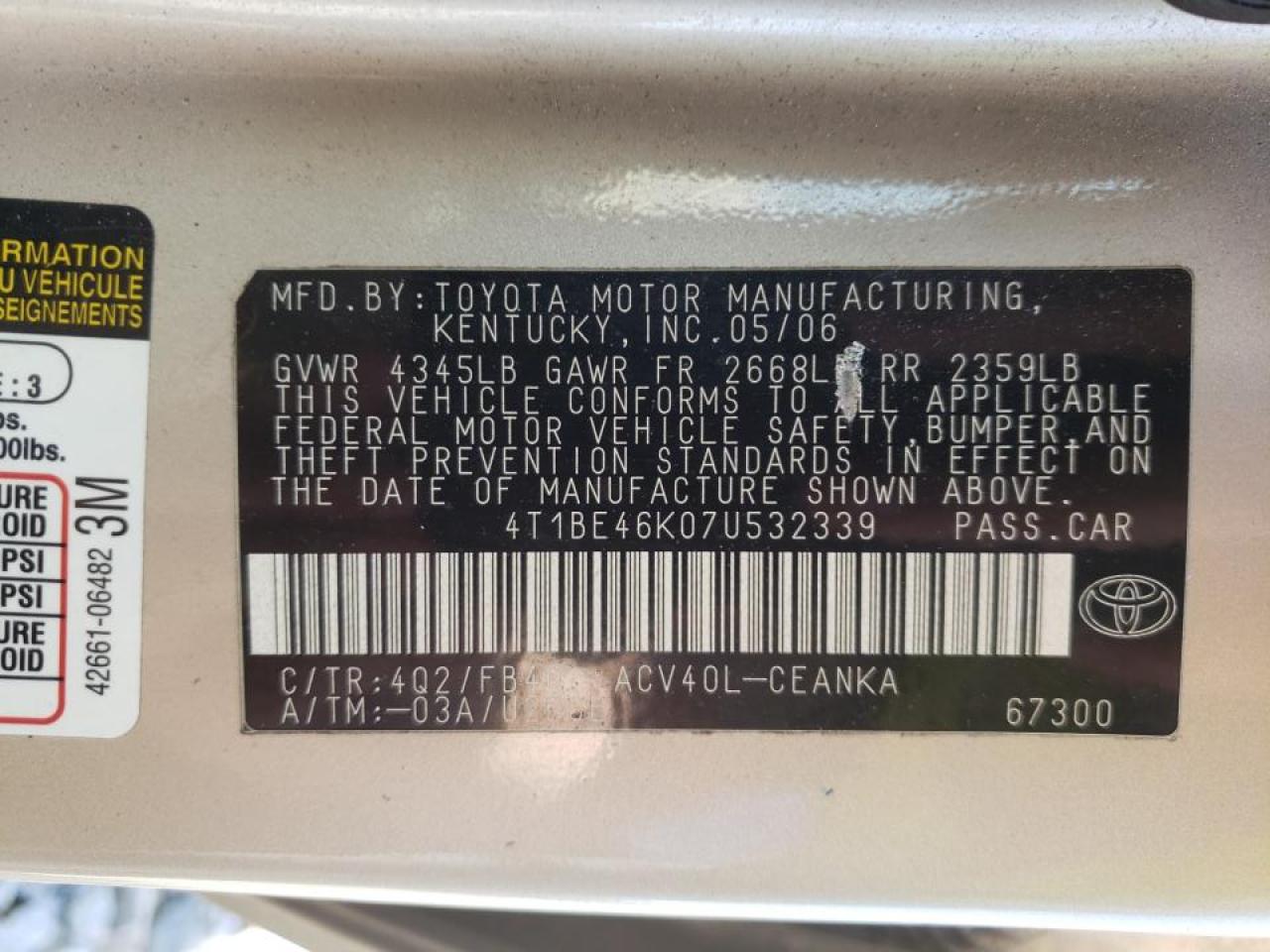 Photo 10 from auction – 2007 TOYOTA CAMRY CE with VIN 4T1BE46K07U532339
