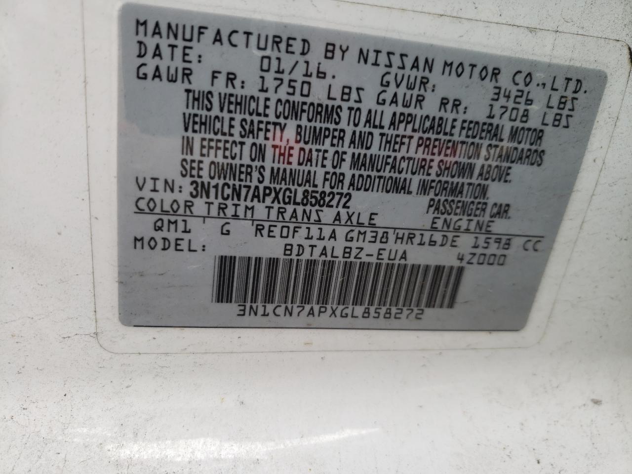 Photo 10 from auction – 2016 NISSAN VERSA S with VIN 3N1CN7APXGL858272