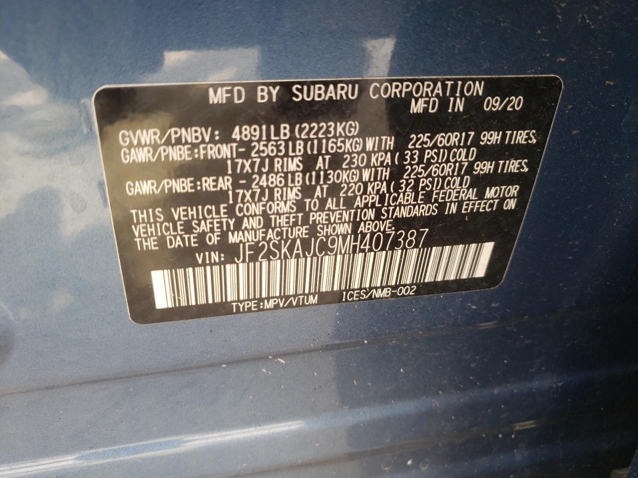 Photo 10 from auction – 2021 SUBARU FORESTER P with VIN JF2SKAJC9MH407387