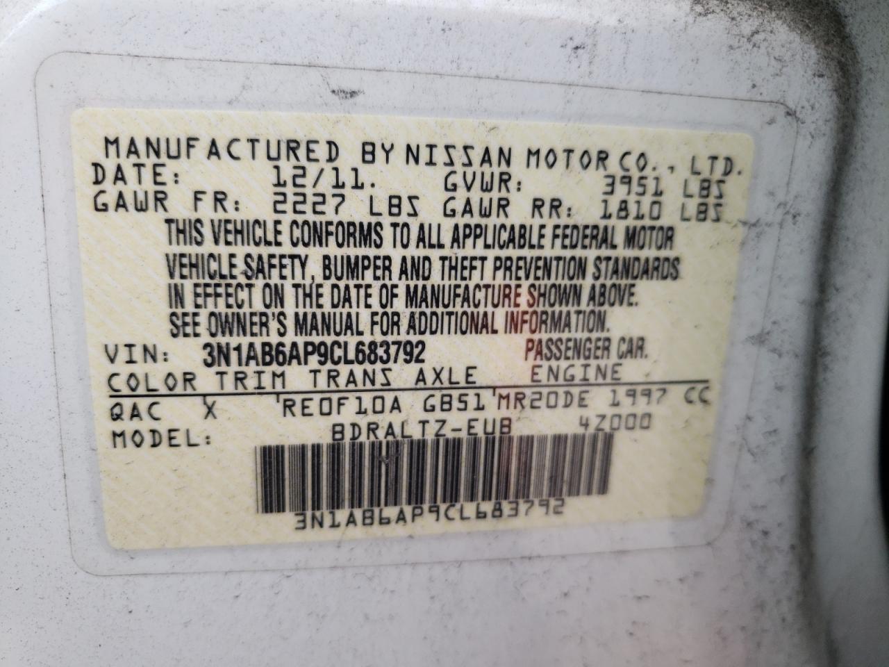 Photo 10 from auction – 2012 NISSAN SENTRA 2.0 with VIN 3N1AB6AP9CL683792