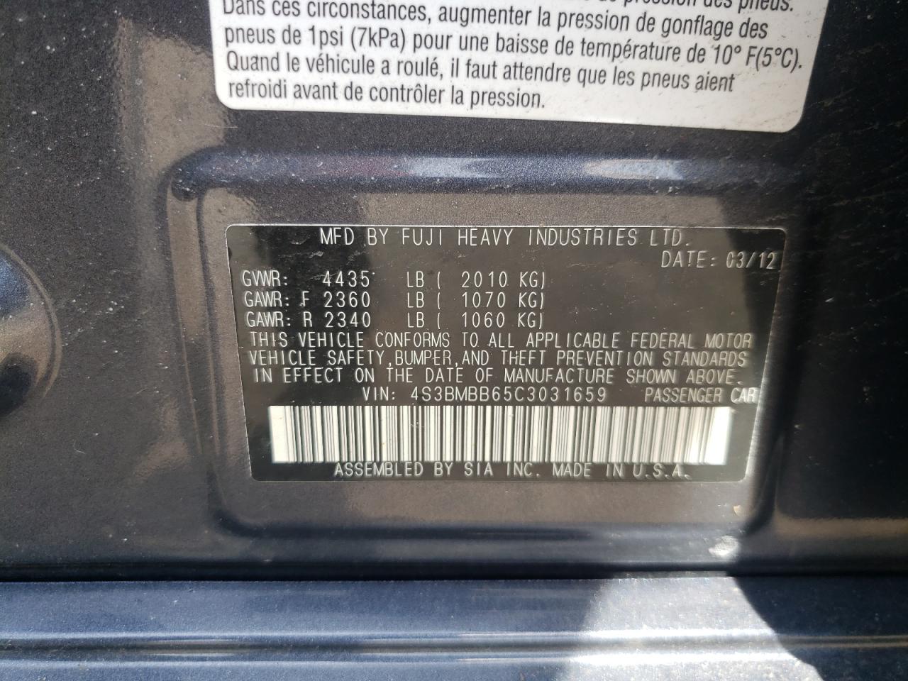 Photo 10 from auction – 2012 SUBARU LEGACY 2.5 with VIN 4S3BMBB65C3031659