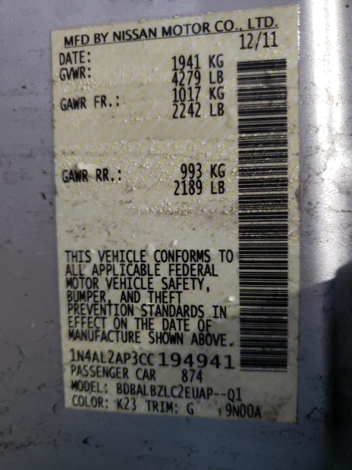 Photo 10 from auction – 2012 NISSAN ALTIMA BAS with VIN 1N4AL2AP3CC194941