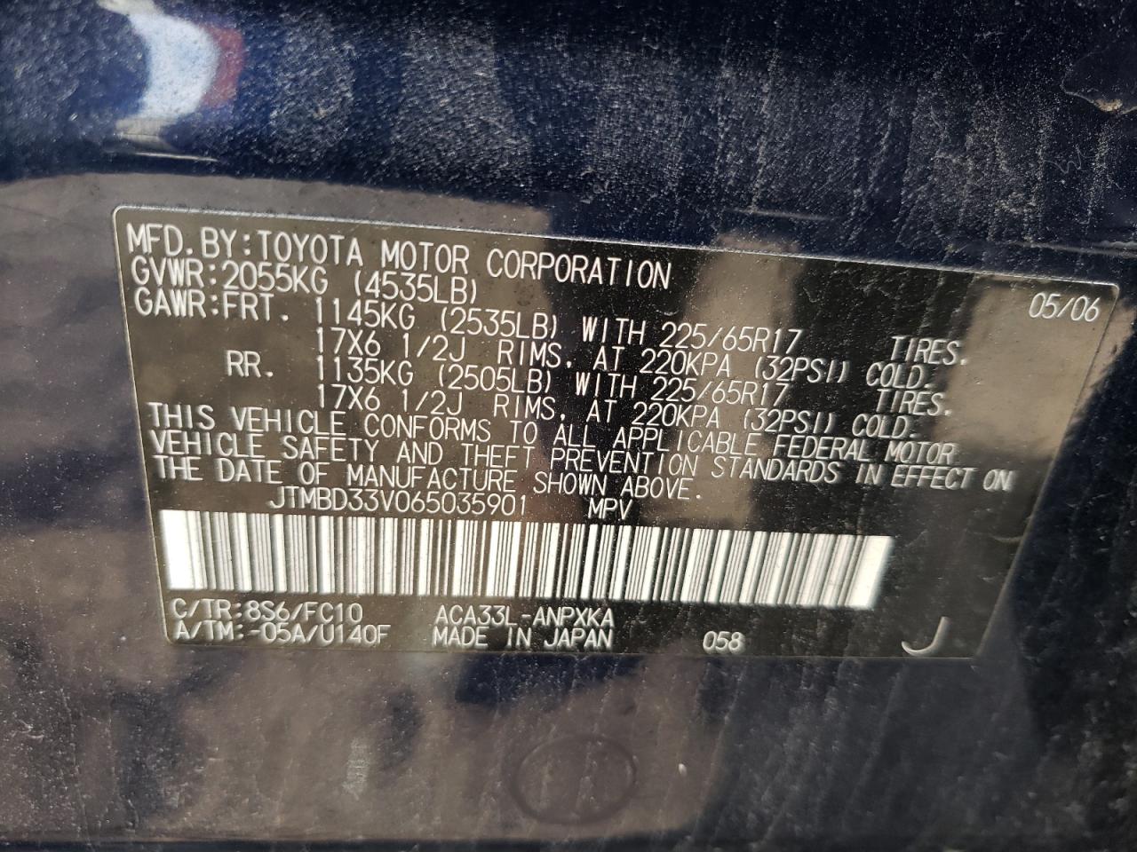Photo 10 from auction – 2006 TOYOTA RAV4 with VIN JTMBD33V065035901