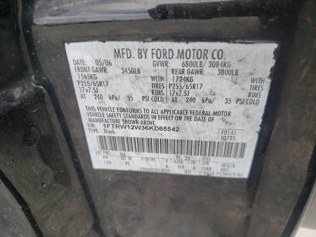 Photo 10 from auction – 2006 FORD F150 SUPER with VIN 1FTRW12W36KD65542