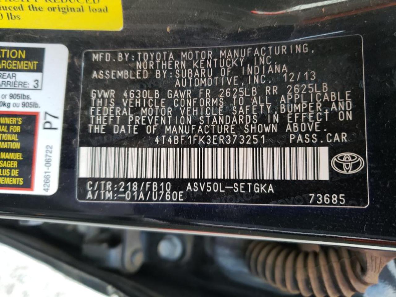 Photo 10 from auction – 2014 TOYOTA CAMRY L with VIN 4T4BF1FK3ER373251