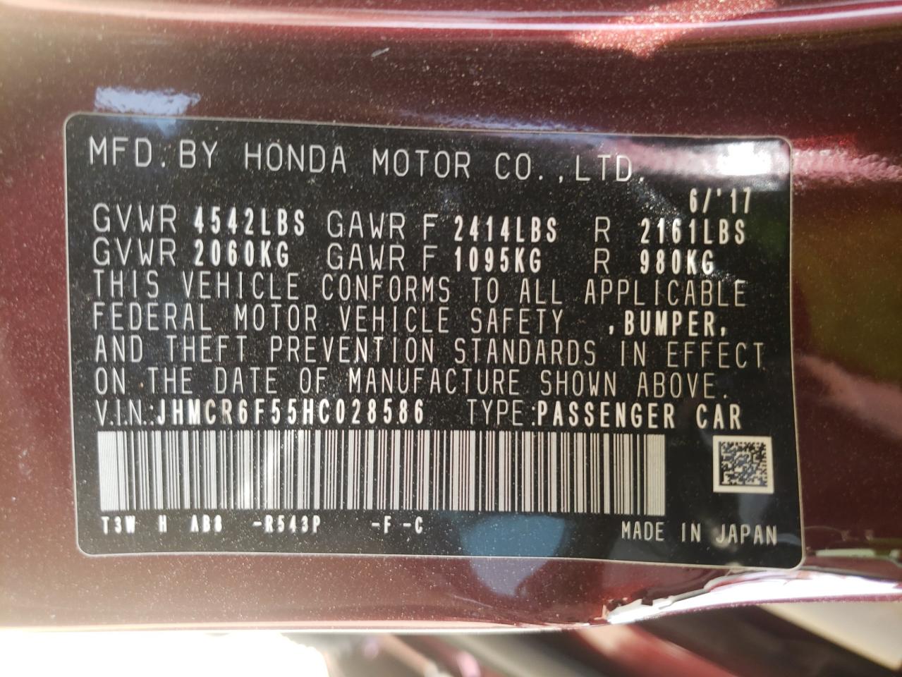 Photo 10 from auction – 2017 HONDA ACCORD HYB with VIN JHMCR6F55HC028586