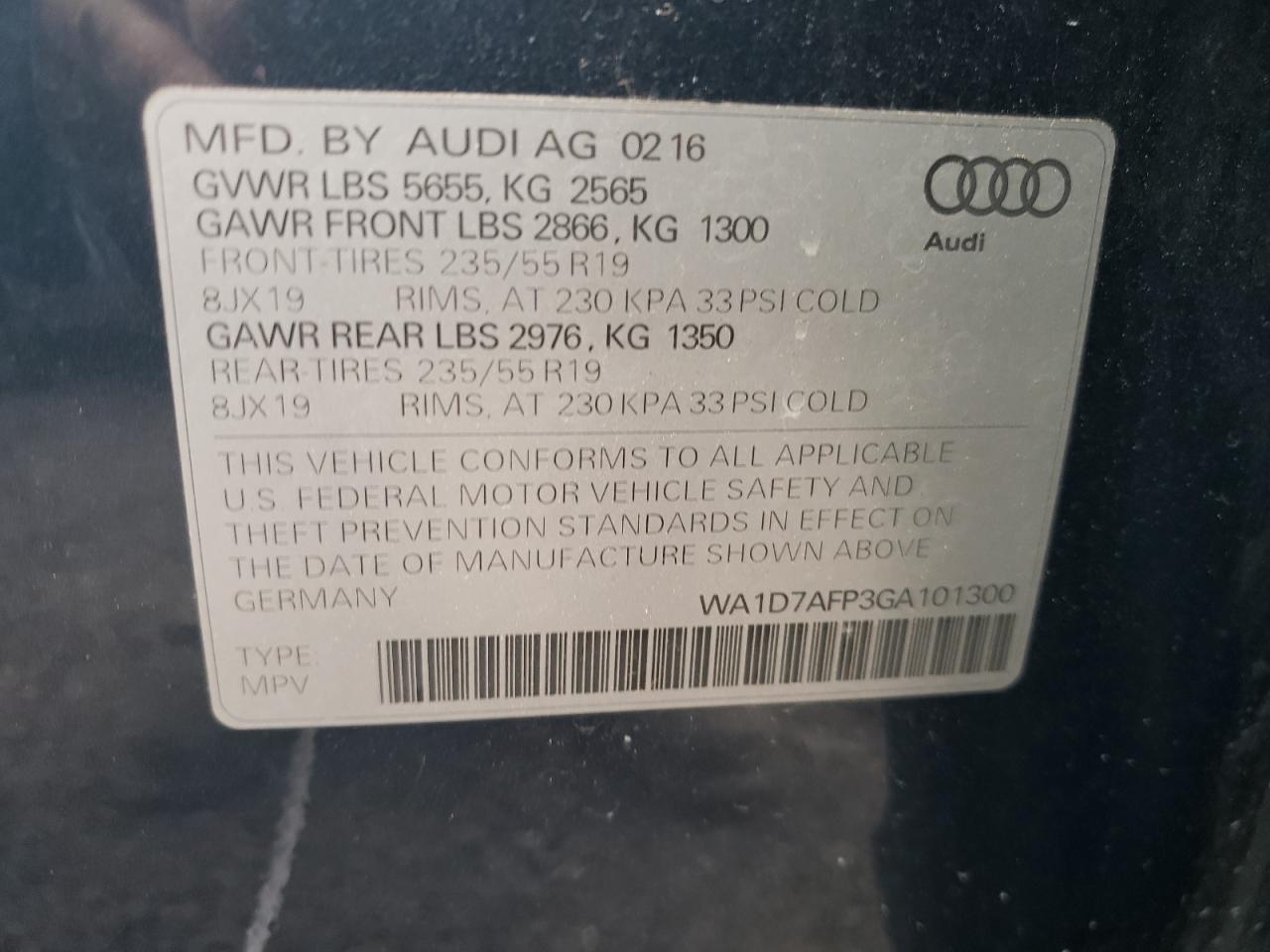 Photo 10 from auction – 2016 AUDI Q5 PREMIUM with VIN WA1D7AFP3GA101300
