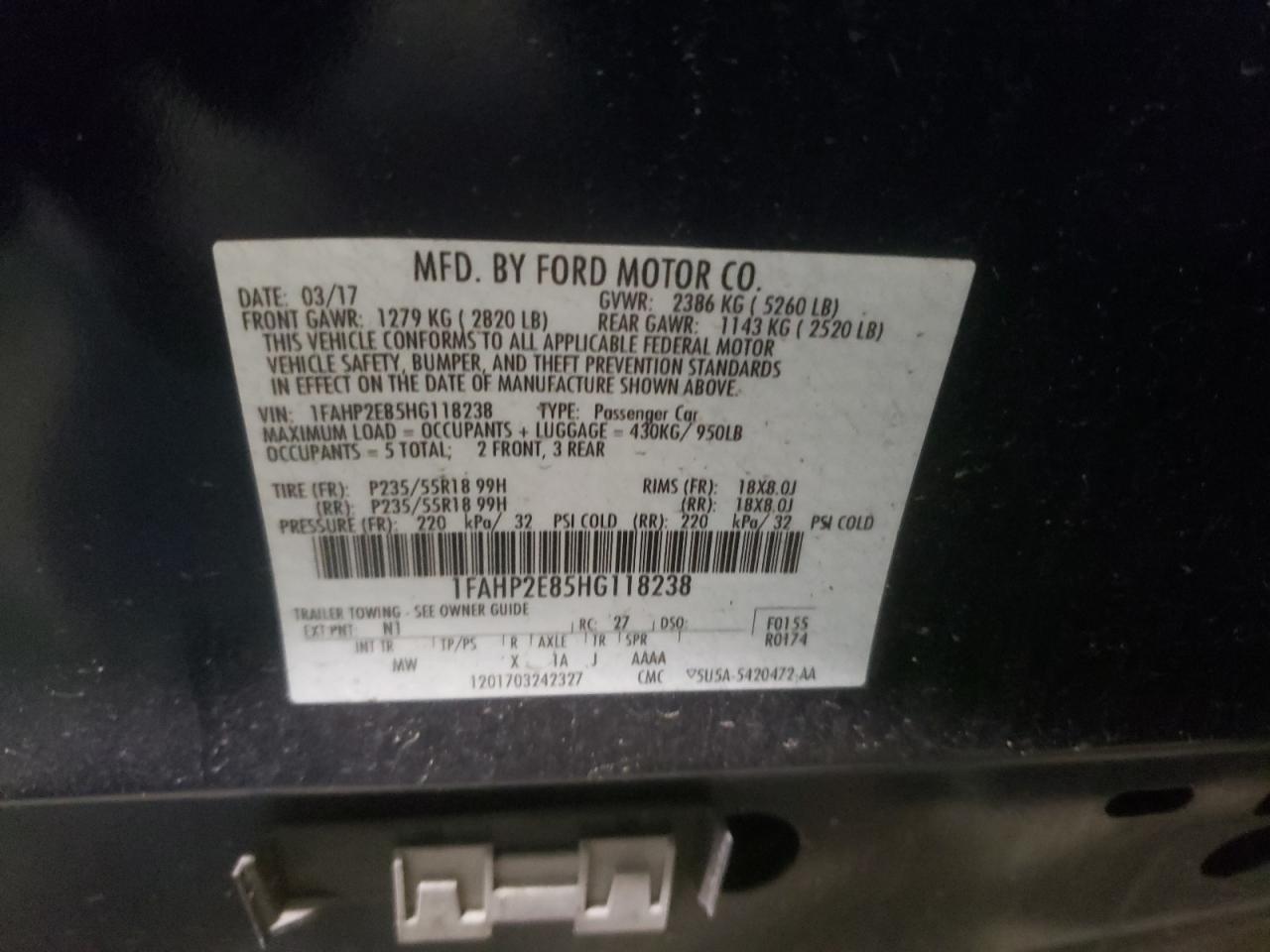 Photo 10 from auction – 2017 FORD TAURUS SEL with VIN 1FAHP2E85HG118238