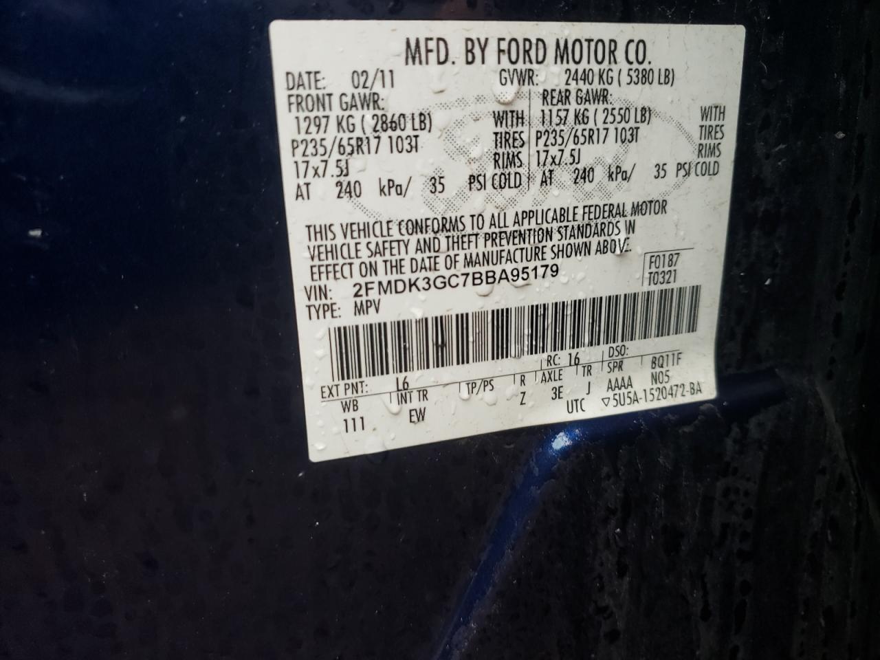 Photo 10 from auction – 2011 FORD EDGE SE with VIN 2FMDK3GC7BBA95179