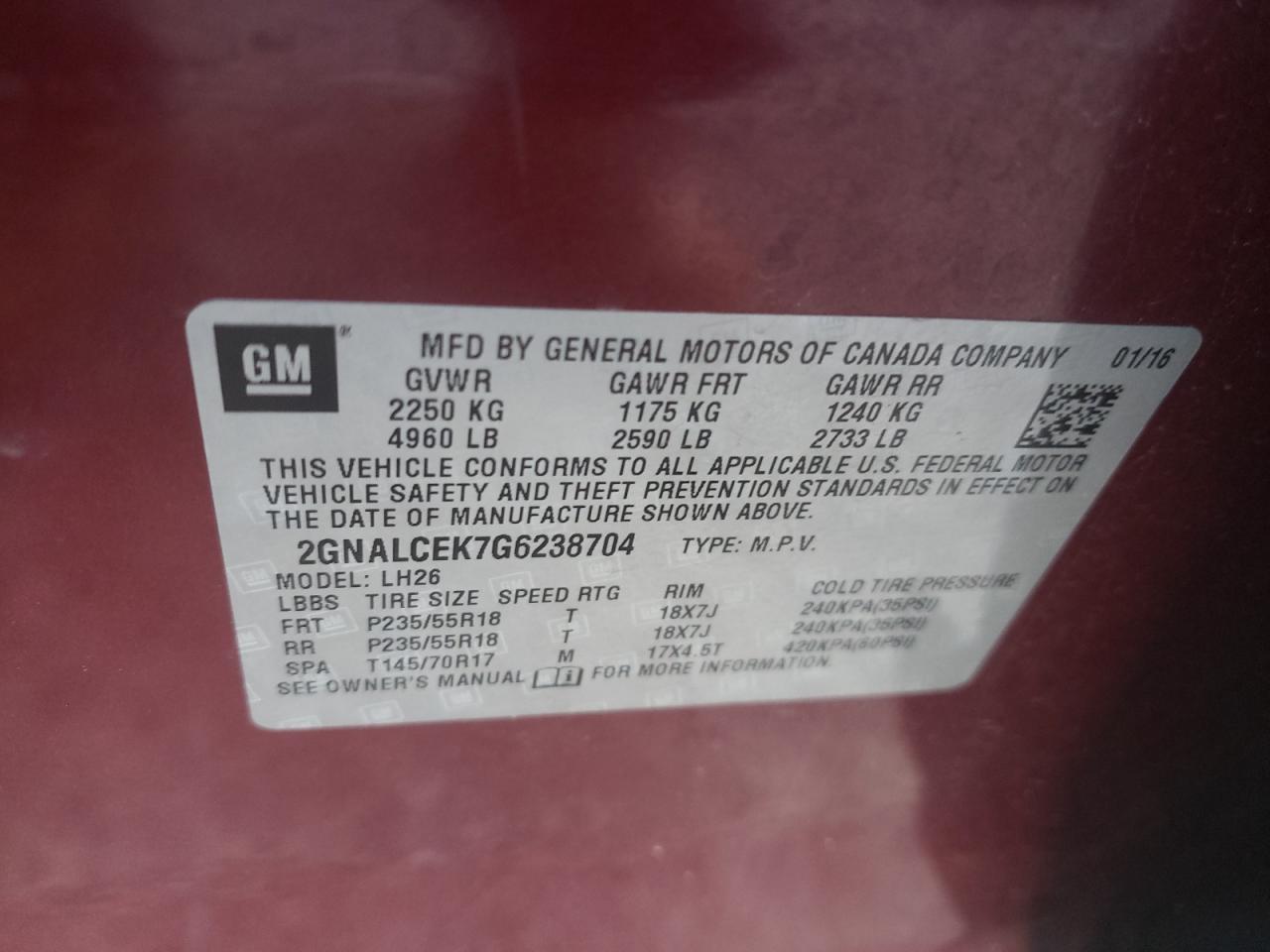 Photo 10 from auction – 2016 CHEVROLET EQUINOX LT with VIN 2GNALCEK7G6238704