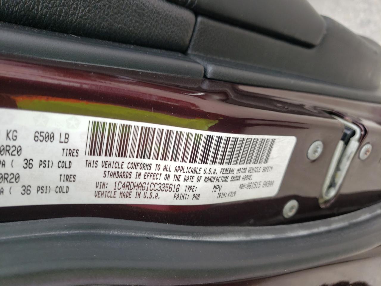 Photo 10 from auction – 2012 DODGE DURANGO SX with VIN 1C4RDHAG1CC335616