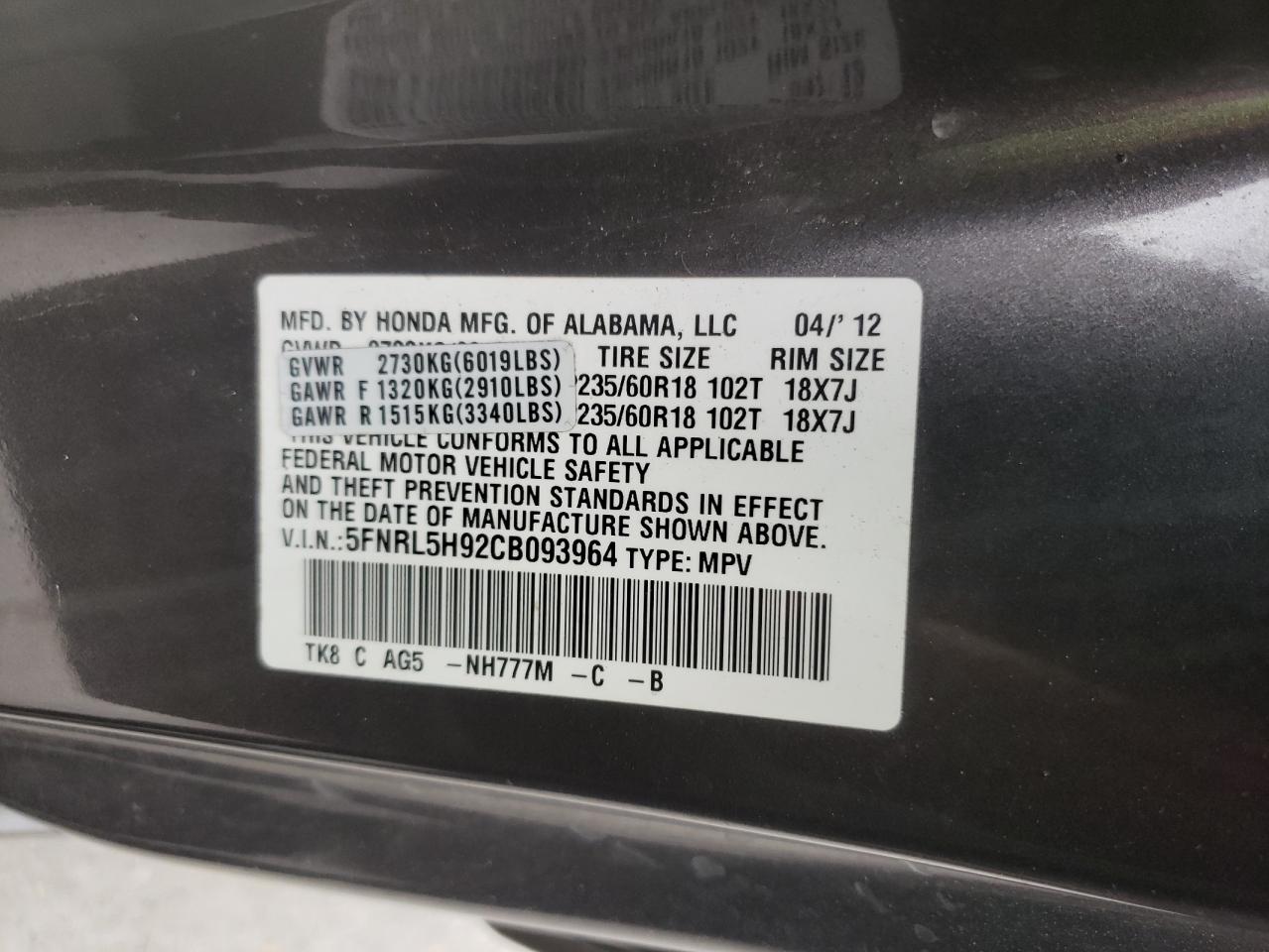 Photo 10 from auction – 2012 HONDA ODYSSEY TO with VIN 5FNRL5H92CB093964
