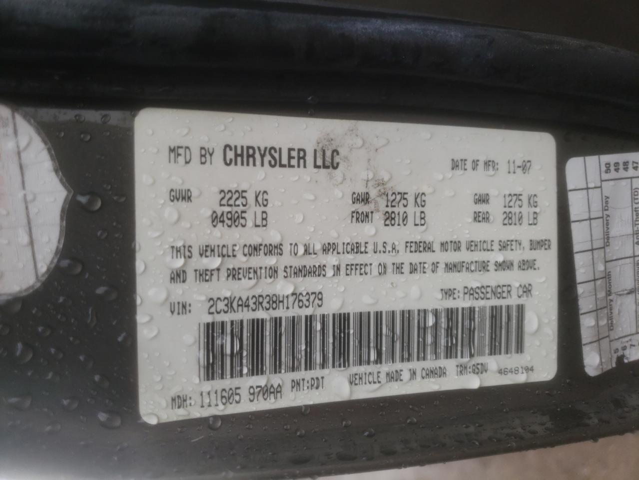 Photo 10 from auction – 2008 CHRYSLER 300 LX with VIN 2C3KA43R38H176379