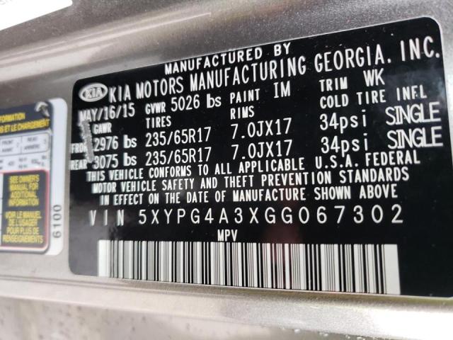 Photo 10 from auction – 2016 KIA SORENTO LX with VIN 5XYPG4A3XGG067302