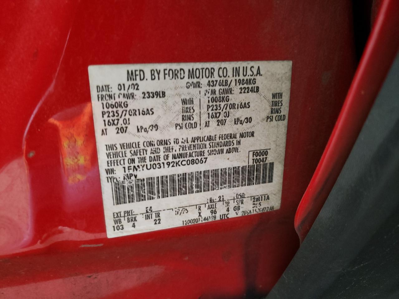 Photo 10 from auction – 2002 FORD ESCAPE XLT with VIN 1FMYU03192KC08067