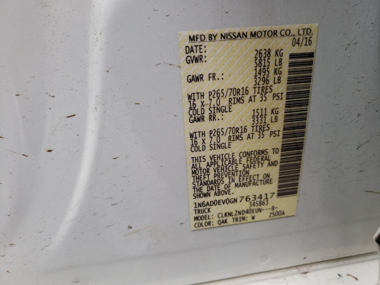 Photo 10 from auction – 2016 NISSAN FRONTIER S with VIN 1N6AD0EV0GN763417
