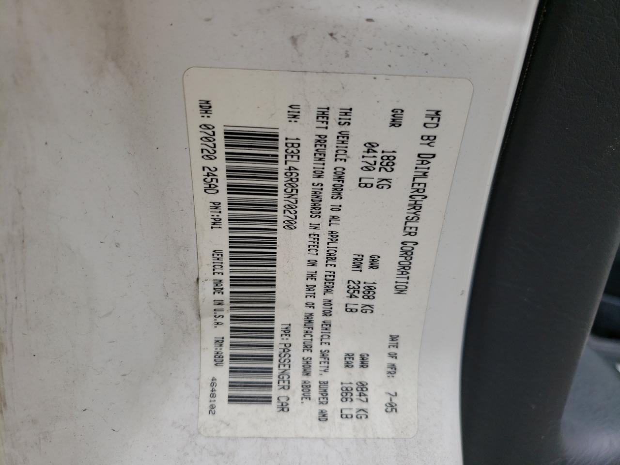 Photo 10 from auction – 2005 DODGE STRATUS SX with VIN 1B3EL46R05N702700