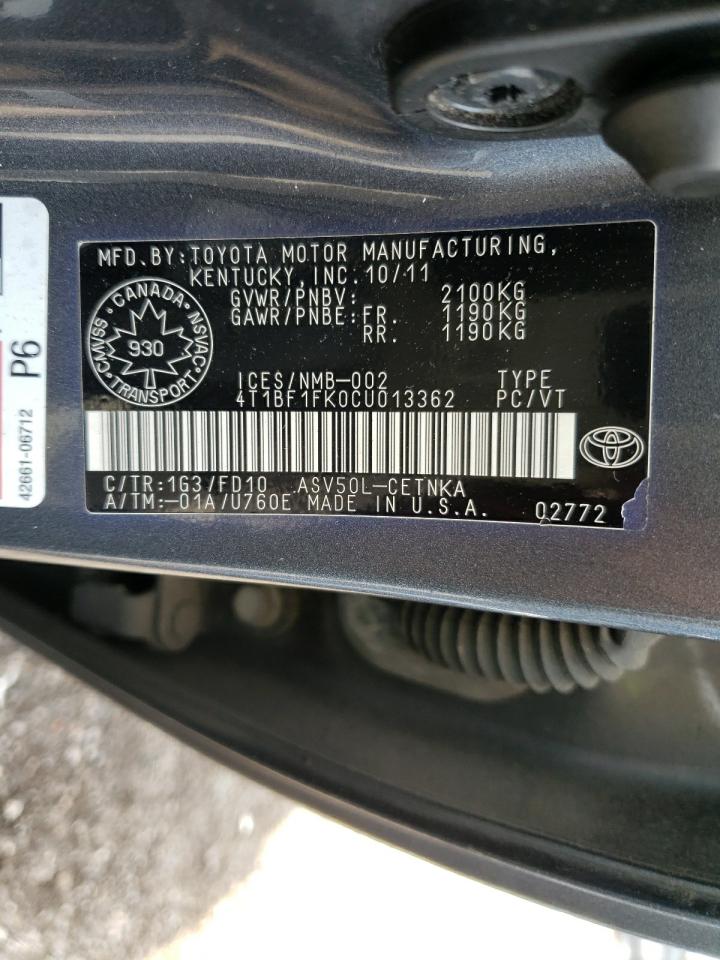 Photo 10 from auction – 2012 TOYOTA CAMRY BASE with VIN 4T1BF1FK0CU013362