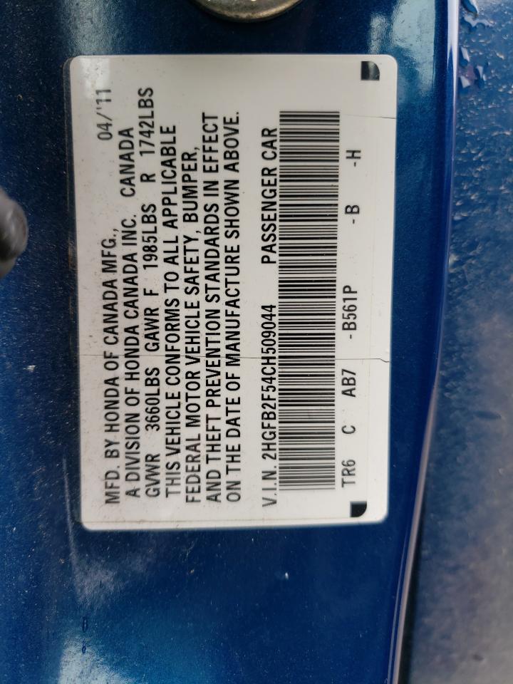 Photo 10 from auction – 2012 HONDA CIVIC LX with VIN 2HGFB2F54CH509044
