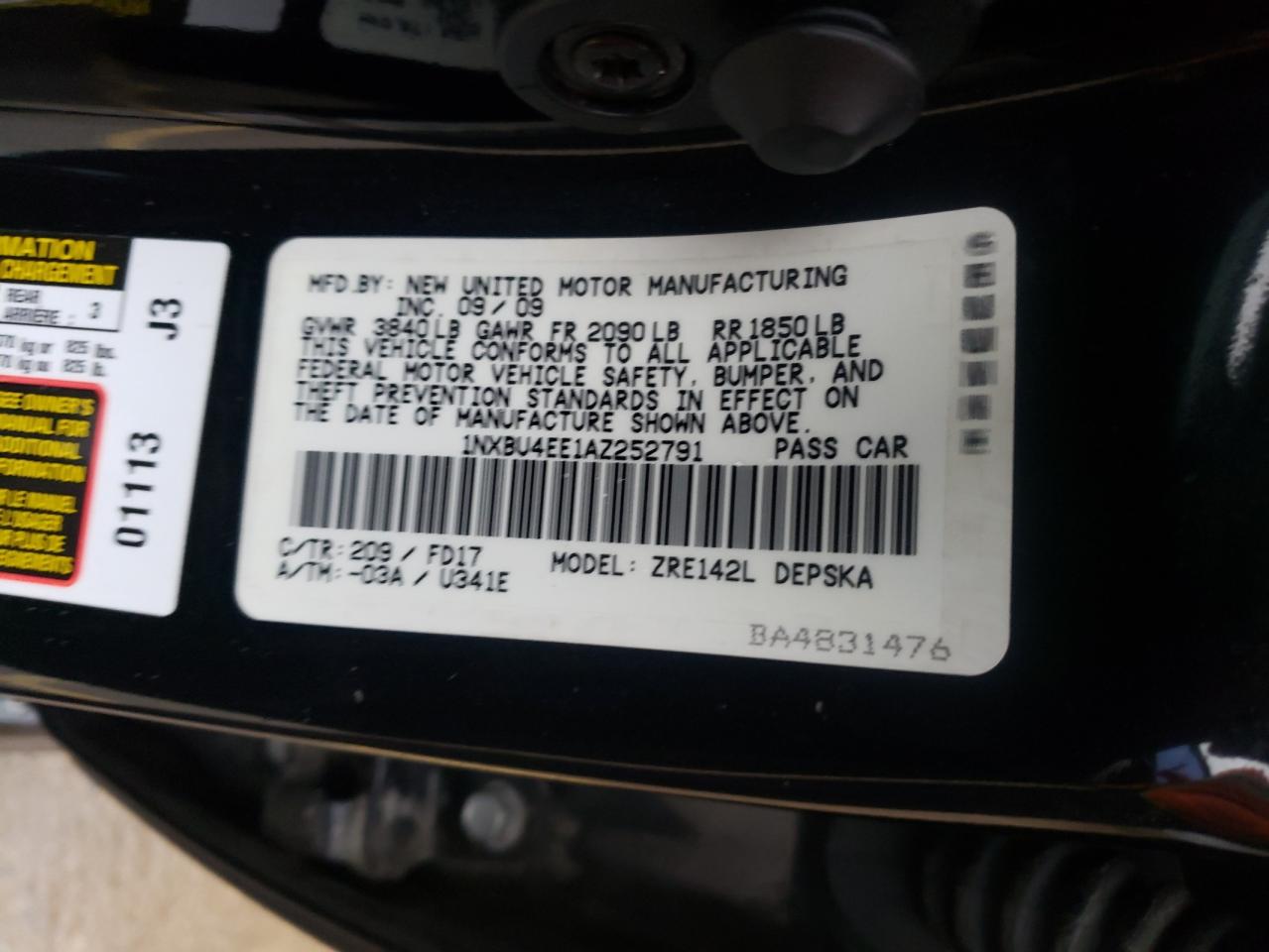 Photo 10 from auction – 2010 TOYOTA COROLLA BA with VIN 1NXBU4EE1AZ252791
