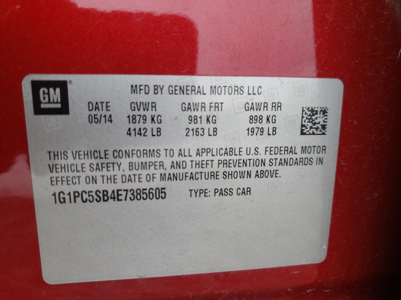 Photo 10 from auction – 2014 CHEVROLET CRUZE LT with VIN 1G1PC5SB4E7385605