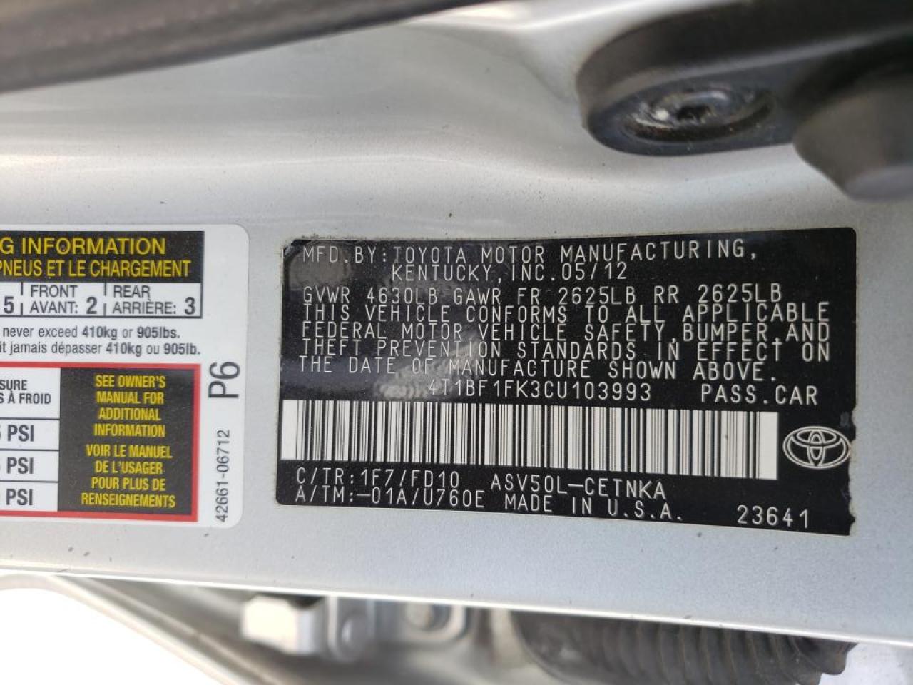 Photo 10 from auction – 2012 TOYOTA CAMRY BASE with VIN 4T1BF1FK3CU103993