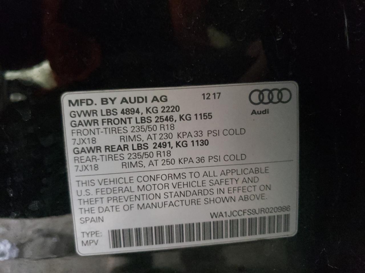 Photo 10 from auction – 2018 AUDI Q3 PREMIUM with VIN WA1JCCFS9JR020986