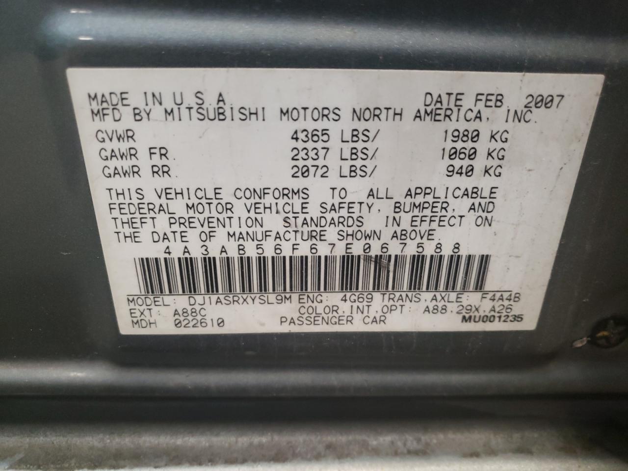 Photo 10 from auction – 2007 MITSUBISHI GALANT ES with VIN 4A3AB56F67E067588